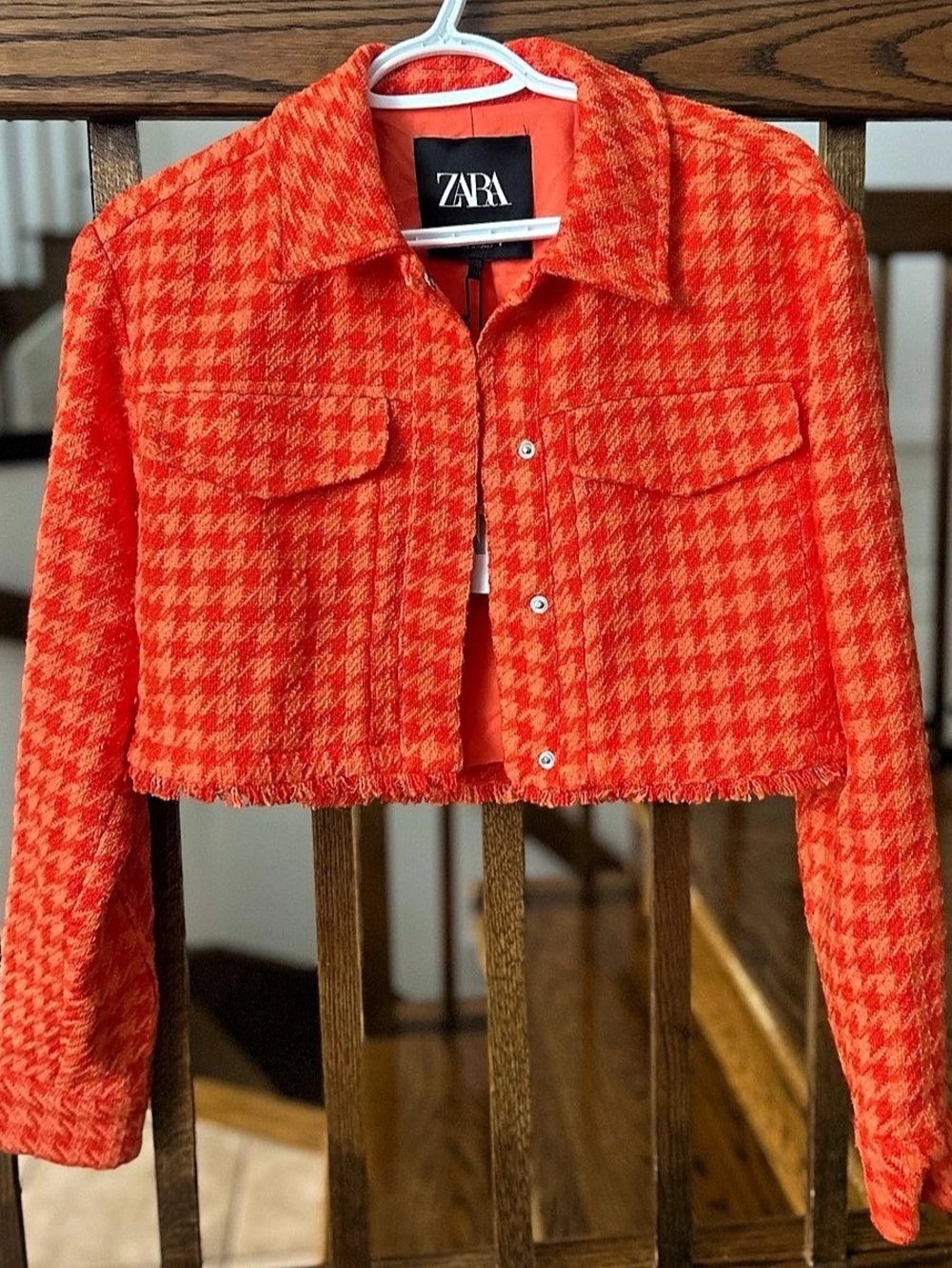 Zara Orange Houndstooth Cropped Tweed Jacket Small